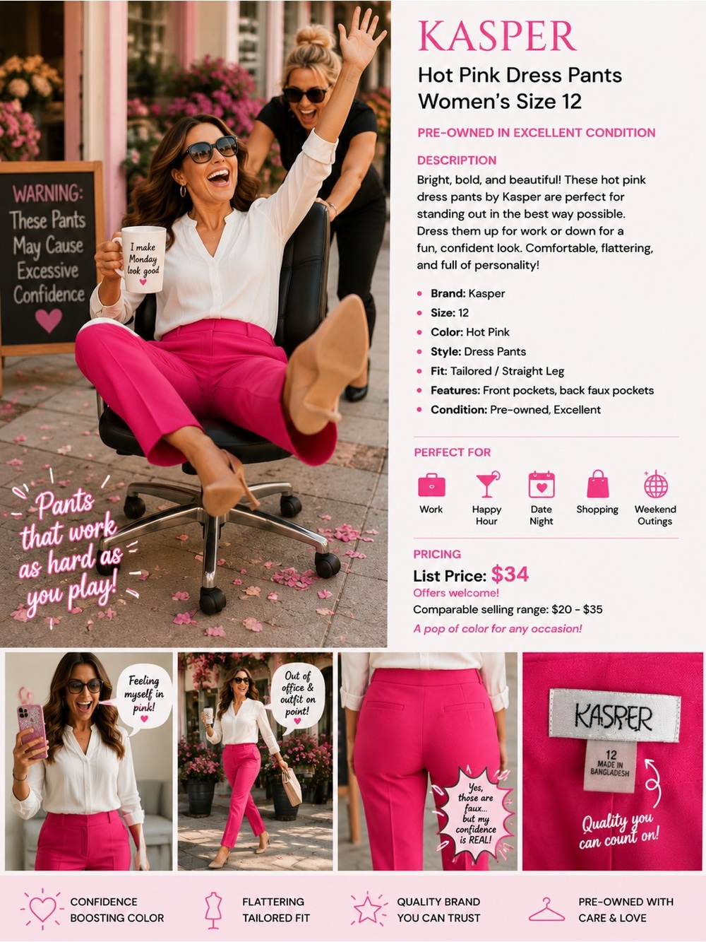 Kasper Bright Pink Wide-Leg Trousers